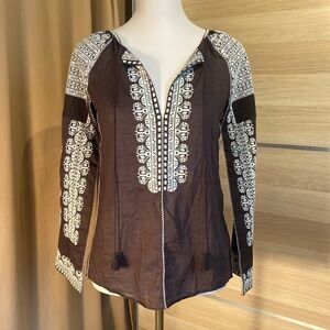 Tory Burch Brown Embroidered Cotton Tunic Blouse Boho Peasant Top Size 0
